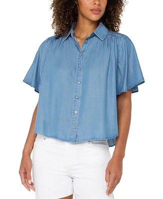 Liverpool Los Angeles Women's Shirred-Shoulder Relaxed Chambray Shirt