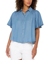Liverpool Los Angeles Women's Shirred-Shoulder Relaxed Chambray Shirt