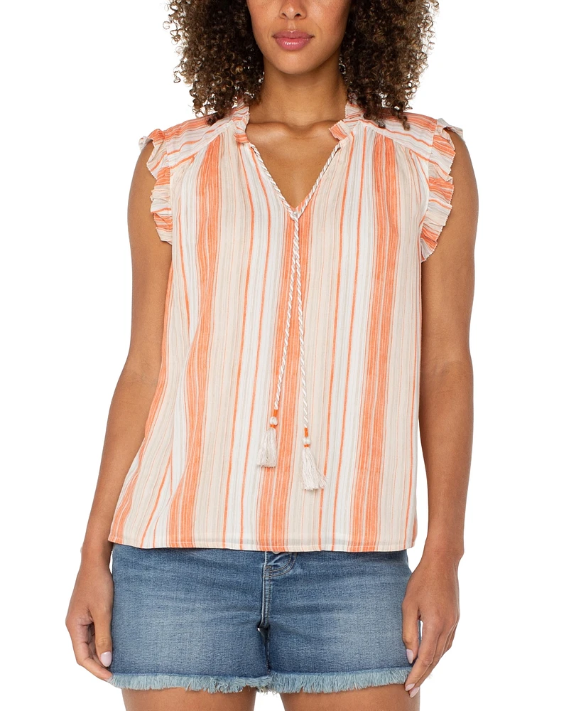 Liverpool Los Angeles Women's Striped Ruffle-Trim Split-Neck Top