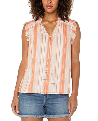 Liverpool Los Angeles Women's Striped Ruffle-Trim Split-Neck Top