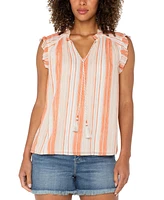 Liverpool Los Angeles Women's Striped Ruffle-Trim Split-Neck Top