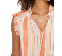 Liverpool Los Angeles Women's Striped Ruffle-Trim Split-Neck Top