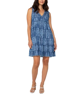 Liverpool Los Angeles Women's V-Neck Frayed-Ruffle Swing Dress
