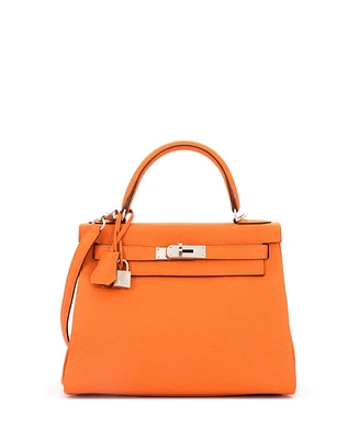 Pre-Owned Hermes Kelly 28 Handbag Orange Clemence with Palladium Hardware