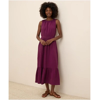 Pact Women's Organic Cotton Coastal Double Gauze Tiered Midi Dress