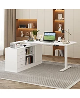 63 in. Width L-Shape Black Wooden 3-Drawer Computer Desk with Adjustable Height, Open Shelves & A Door Storage Cabinet