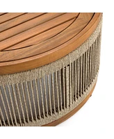 LuxenHome Outdoor Acacia Wood Rope Sides Round Drum Coffee Table