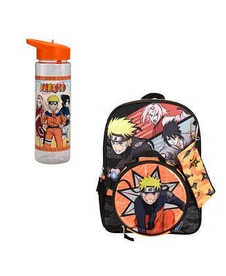 Naruto Main Characters Boy's 5-Piece Backpack Set & 24 Oz Single Wall Water Bottle Combo Set