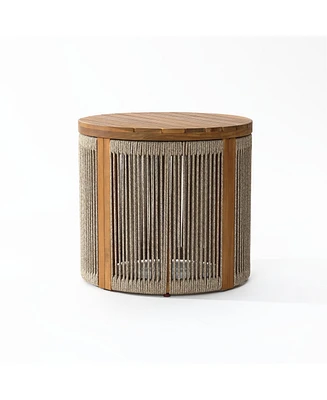 LuxenHome Outdoor Acacia Wood Rope Sides Round Drum Side and End Tables