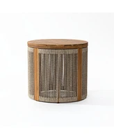 LuxenHome Outdoor Acacia Wood Rope Sides Round Drum Side and End Tables