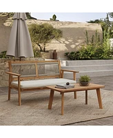 LuxenHome Outdoor Acacia Wood Rope Back Loveseat with Cushions and Coffee Table Set
