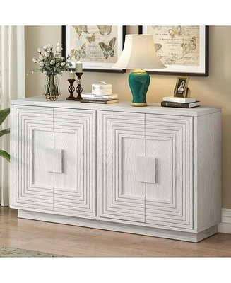 Antique White Vintage Sideboard with Adjustable Shelves and Geometric Pattern