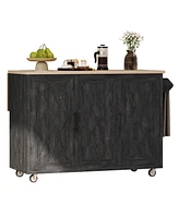 Geometric Twill Kitchen Island with Drop Leaf, Rolling Storage Cart with Towel Rack (Black