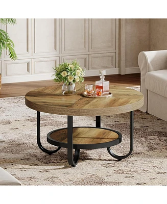 Tribesigns Round Coffee Table for Living Room, 2-Tier Center Table with Storage Shelf, 31.1-Inch Industrial Cocktail Tea Table with Sturdy Curved Meta