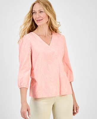 Style & Co Petite Floral Embroidery V-Neck Top, Exclusively at Macy's