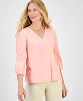 Style & Co Petite Floral Embroidery V-Neck Top, Exclusively at Macy's