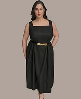 Donna Karan New York Plus Square-Neck Belted Midi Dress