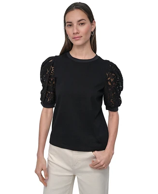 Dkny Jeans Women's Mixed Media Lace-Sleeve Top - BLK