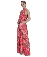 Eliza J Petite High-Neck Sleeveless Tie-Waist Dress