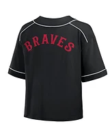 Fanatics Women's Black Atlanta Braves Oversized Champ Game Midi Cropped V-Neck T-Shirt