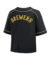 Fanatics Women's Black Milwaukee Brewers Oversized Champ Game Midi Cropped V-Neck T-Shirt