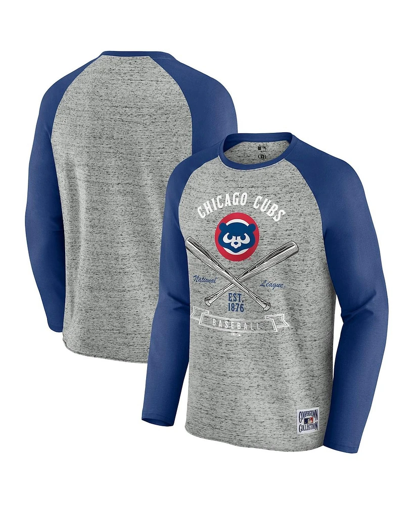 Fanatics Men's Heather Gray Chicago Cubs Raw Edge Raglan Long Sleeve Baseball T-Shirt