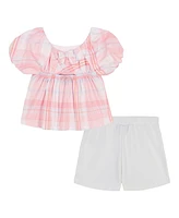 Tommy Hilfiger Toddler and Little Girls 2-Piece Madras Plaid Babydoll Top Stretch Sailor Shorts Set
