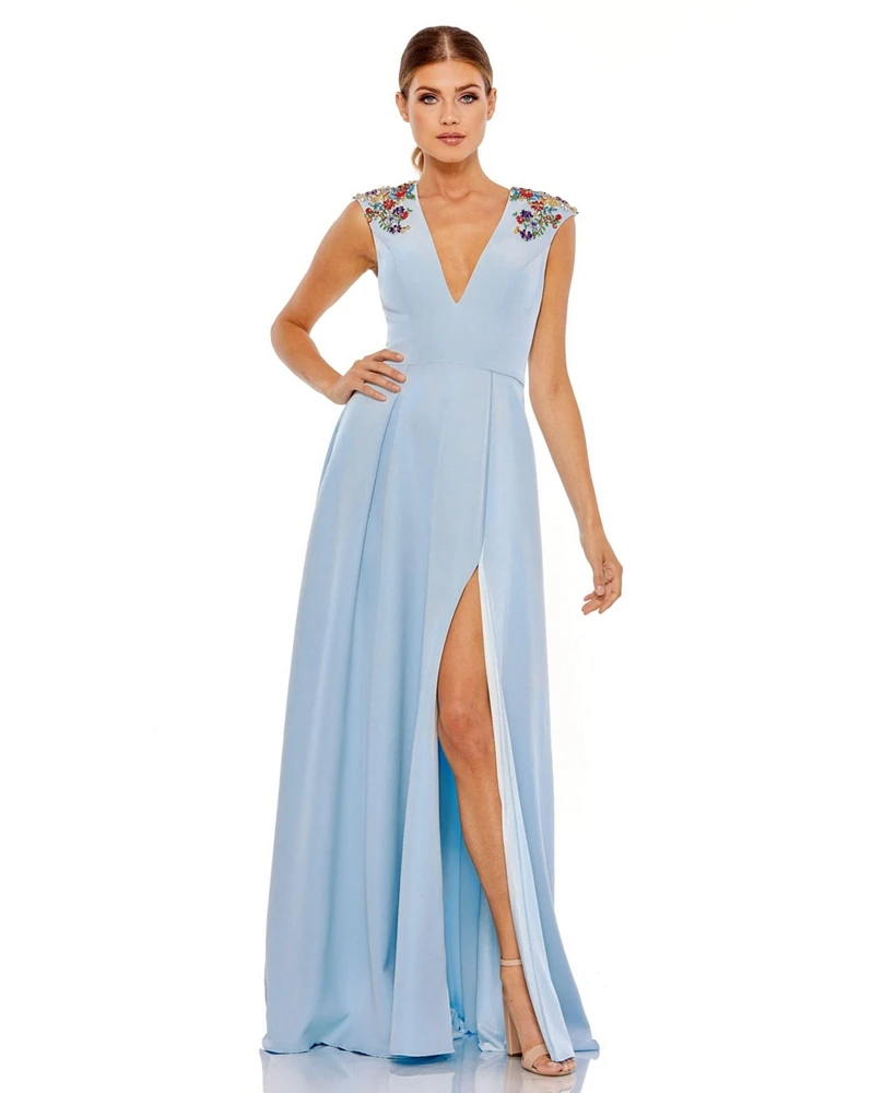 Mac Duggal Women's Beaded Cap Sleeve V Neck A Line Gown