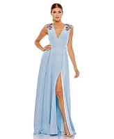 Mac Duggal Women's Beaded Cap Sleeve V Neck A Line Gown
