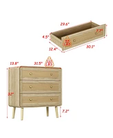 Nightstand with rattan wooden doors, Side table with three drawers and feet, wooden end table in wood colour, Bedside table for bedrooms, living rooms