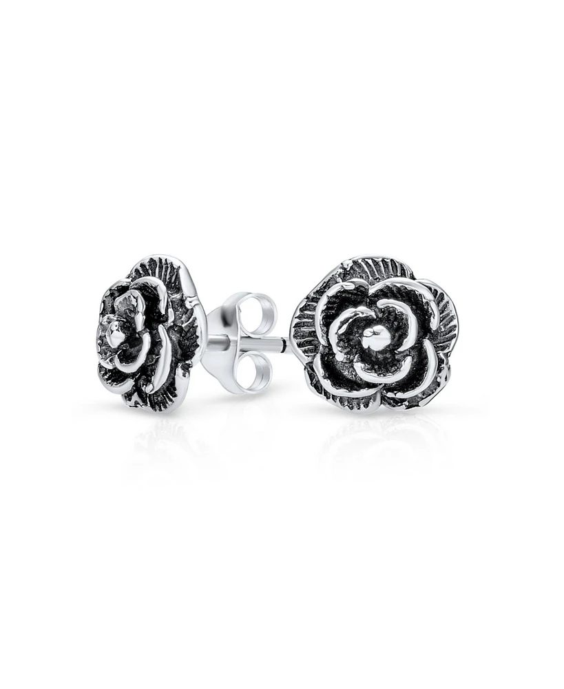 Bling Jewelry Retro Floral Black Rose Stud Earrings in Oxidized Sterling Silver 8MM