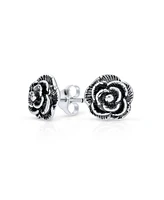 Bling Jewelry Retro Floral Black Rose Stud Earrings in Oxidized Sterling Silver 8MM