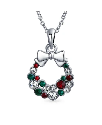 Bling Jewelry Fashion Sparkling Christmas Bow Crystal Holiday Pendant Necklace Silver Plated