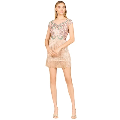 Lara Women's Cap Sleeve Cocktail Gown with Fringes