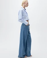 Mango Women's Belted Wide Leg Denim Pants