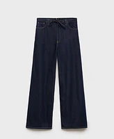 Mango Women's Belted Wide Leg Denim Trousers Pants