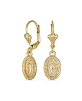 Bling Jewelry Christian Religious Medal Medallion Jewelry set Oval Our Lady Of Guadalupe Virgin Mary Necklace Dangle Earrings Yellow Gold Plated Brass