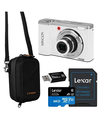 Minolta MNB5Z 56MP 5K Ultra Hd 2.8" Lcd Screen Digital Camera, White, Bundle with Camera Case, 64GB Memory Card, Multi Card Reader