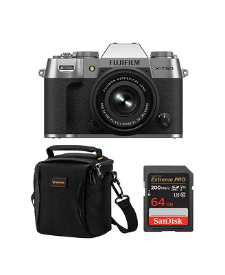 Fujifilm X-T50 Mirrorless Camera, Silver with Xc 15-45mm f/3.5-5.6 Ois Pz Lens, Bundle with 64GB Sdxc Memory Card, Alpine 120 Shoulder Bag