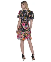 Eliza J Petite 3D-Floral Puff-Sleeve Mini Dress