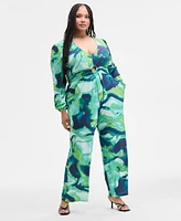 Nina Parker Trendy Plus Long-Sleeve Ring-Detail Jumpsuit