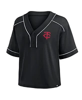Fanatics Women's Black Minnesota Twins Oversized Champ Game Cropped V-Neck T-Shirt