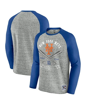 Fanatics Men's Heather Gray New York Mets Raw Edge Raglan Long Sleeve Baseball T-Shirt