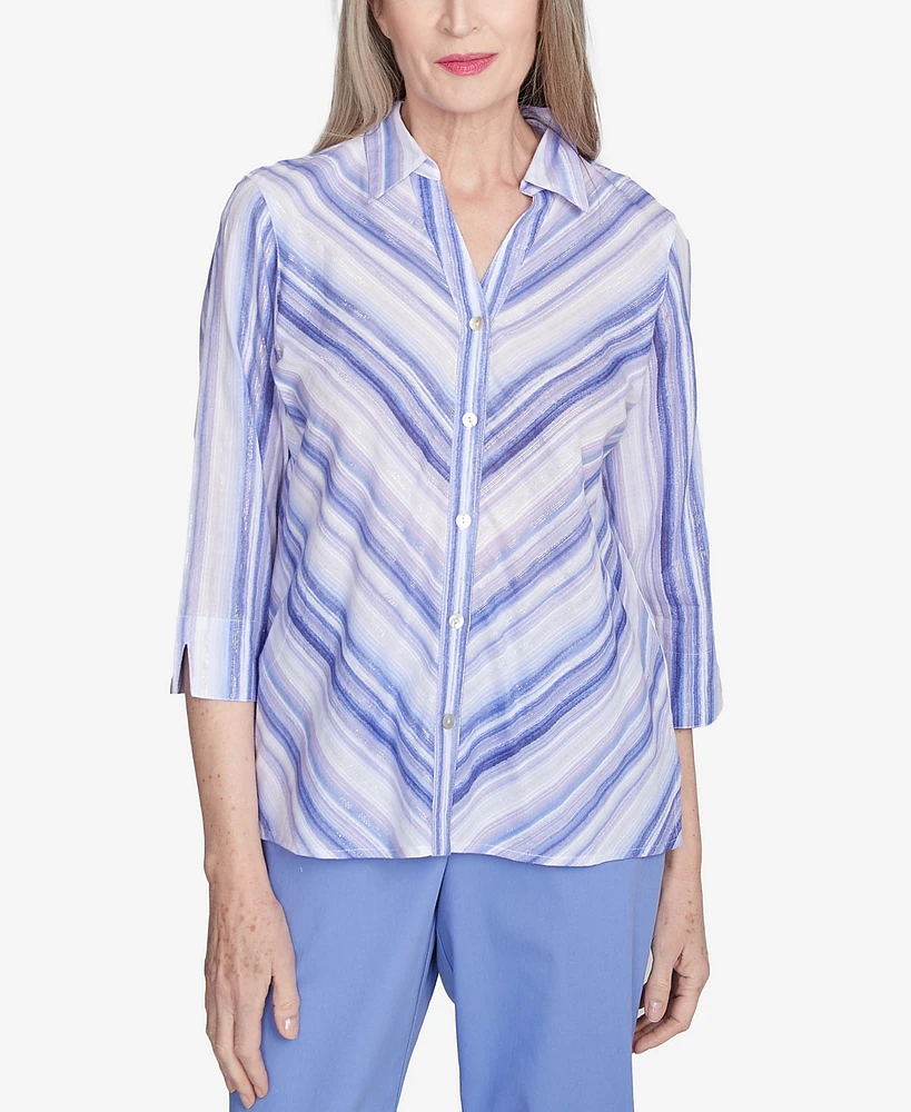 Alfred Dunner Petite Santa Fe Mitered Iris Stripe Button Down Top