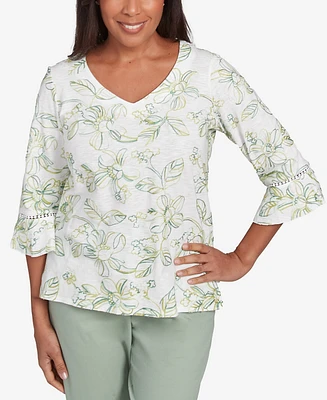 Alfred Dunner Petite Santa Fe Embroidered Floral Vines Cotton Top