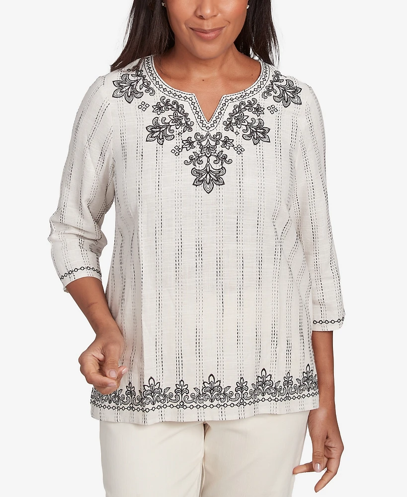 Alfred Dunner Petite Natural Instinct Textured Medallion Embroidered Top