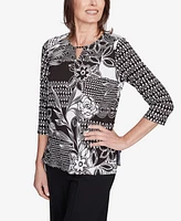 Alfred Dunner Petite Natural Instinct Monotone Patch Beaded Split Neck Top