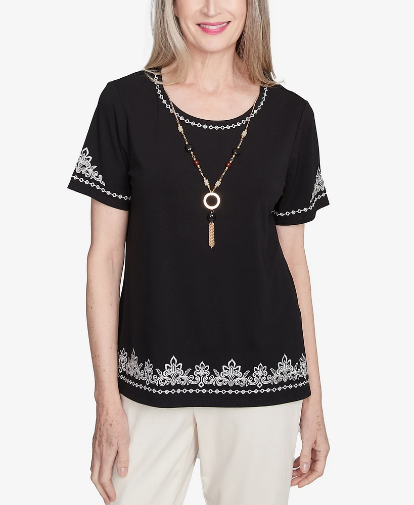 Alfred Dunner Petite Natural Instinct Embroidered Border Tee With Necklace
