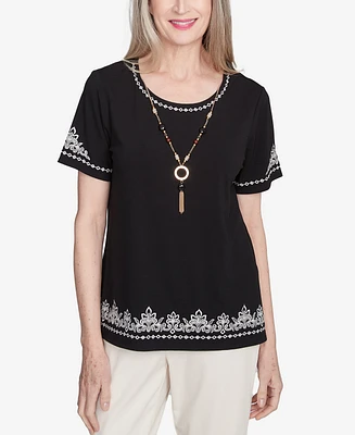 Alfred Dunner Petite Natural Instinct Embroidered Border Tee With Necklace