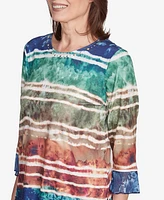 Alfred Dunner Petite Summer Solstice Tie Dye Striped Biadere Crewneck Top